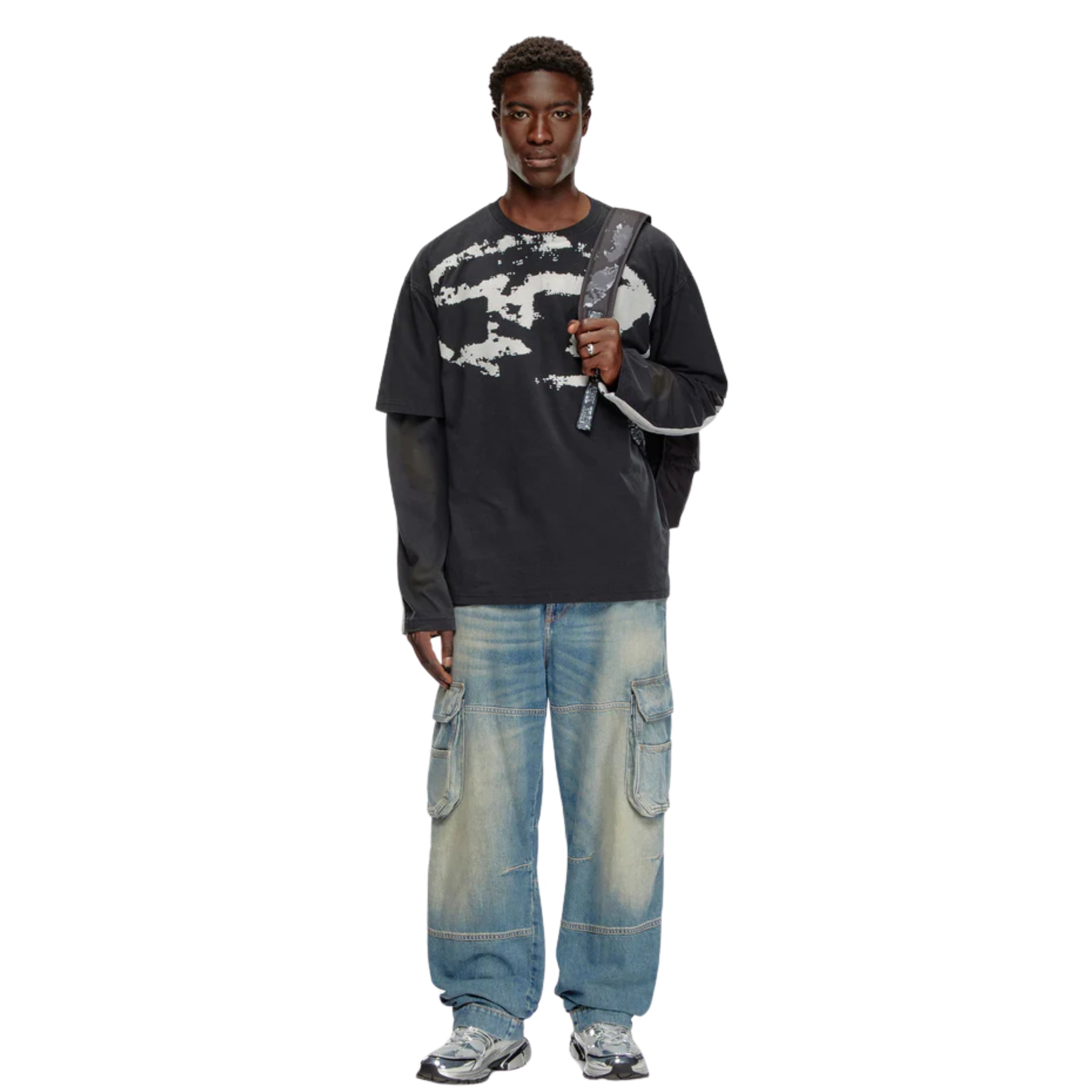 Diesel T-Shirt Box Distressed Flocked Logo Black-White